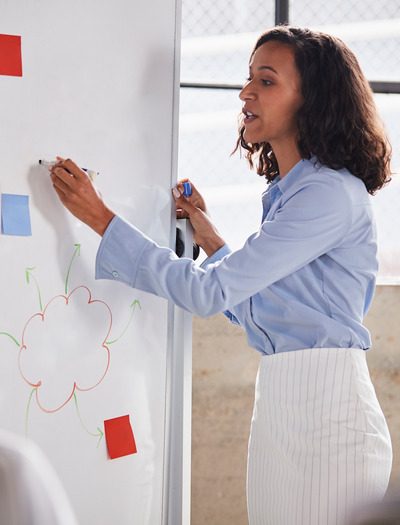 Mixed race businesswoman using whiteboard at a presentation
